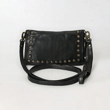 Load image into Gallery viewer, Front of black Margo Italian leather organizer crossbody with antique brass studs and leather strap
