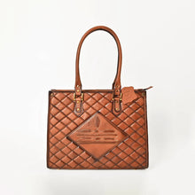 Load image into Gallery viewer, Hattie quilted brown leather tote with boot-stitch diamond panel and polished brass hardware
