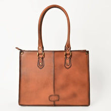 Load image into Gallery viewer, Back of the Hattie brown leather tote with smooth panels and American Darling patch
