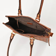Load image into Gallery viewer, Inside the Hattie leather tote showing zip top, fabric lining, zip wall pocket and slip pocket
