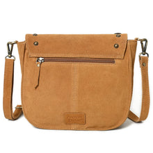 Load image into Gallery viewer, Back view of the tan Sparrow suede crossbody purse with exterior zip pocket and adjustable strap
