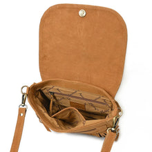 Load image into Gallery viewer, Inside the tan Sparrow suede crossbody, flap open showing magnetic snap, lined interior, zip pocket, and slip pocket
