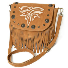 Load image into Gallery viewer, Tan Sparrow boot stitch suede fringe crossbody purse, angled view with brass concho trim and suede strap
