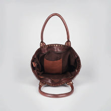 Load image into Gallery viewer, Inside the Starla espresso brown leather tote showing fabric lining, tan leather slip pocket and zip pocket
