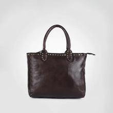 Load image into Gallery viewer, Starla studded leather tote in espresso brown, full view showing smooth full-grain leather and studded handle tabs
