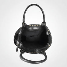 Load image into Gallery viewer, Inside the Starla black leather tote showing dark lining, slip pocket and zip pocket

