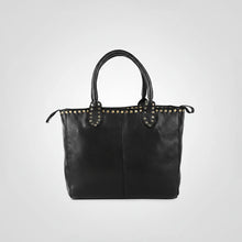 Load image into Gallery viewer, Starla studded leather tote in black, full view showing center seam, full-grain leather and studded handle tabs
