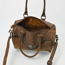 Load image into Gallery viewer, Bowie western satchel seen from above with the top zip open, showing the printed American Darling logo lining and interior zip pocket
