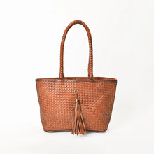 Load image into Gallery viewer, Saffron cognac basketweave leather tote with braided handles and leather tassel
