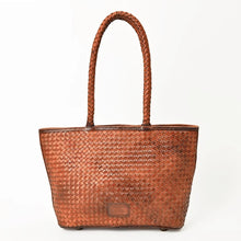 Load image into Gallery viewer, Back view of the Saffron basketweave leather tote with braided shoulder handles
