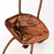Load image into Gallery viewer, Saffron tote open, showing lined interior, zip pocket, slip pockets and key clip
