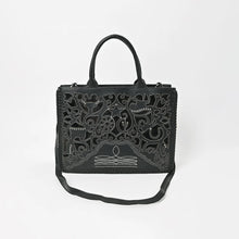 Load image into Gallery viewer, Sable black leather western tote with cutout overlay, wagon wheel, star and boot-stitch design
