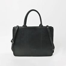 Load image into Gallery viewer, Back of Sable black leather tote with braided leather edges and adjustable strap
