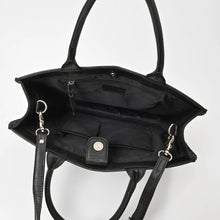 Load image into Gallery viewer, Inside the Sable leather tote, showing lined interior, zip pocket, slip pockets and magnetic snap
