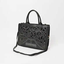 Load image into Gallery viewer, Sable black leather cutout tote with top handles and detachable shoulder strap
