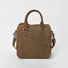 Load image into Gallery viewer, Back view of the Buckskin quilted leather speedy satchel with rolled top handles
