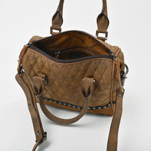 Load image into Gallery viewer, Buckskin satchel open, showing zip top, fabric-lined interior and zip pocket
