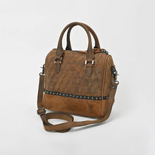 Load image into Gallery viewer, Buckskin quilted leather and cowhide speedy satchel, angled view
