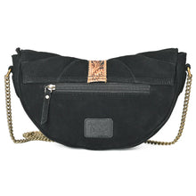 Load image into Gallery viewer, Back of the Sundown suede crossbody showing exterior zip pocket and chain strap
