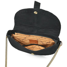 Load image into Gallery viewer, Sundown crossbody open, showing magnetic snap, lined interior, zip compartment and slip pocket
