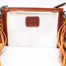 Load image into Gallery viewer, Saguaro Sunrise clear crossbody purse back view with leather trim, zip top and fringe
