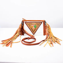 Load image into Gallery viewer, Saguaro Sunrise hand tooled leather fringe clear crossbody purse with painted cactus panel and leather strap, front view
