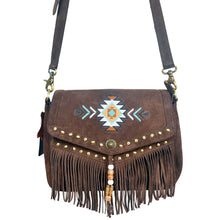 Load image into Gallery viewer, Sainte-Marie brown suede crossbody bag with Southwestern embroidery and beaded fringe
