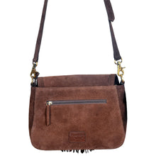 Load image into Gallery viewer, Sainte-Marie brown suede crossbody bag with Southwestern embroidery and beaded fringe
