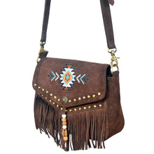 Load image into Gallery viewer, Sainte-Marie brown suede crossbody bag with Southwestern embroidery and beaded fringe

