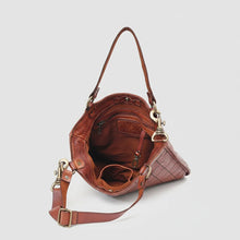 Load image into Gallery viewer, Inside the Winslow cognac leather tote showing snap-tab top, fabric lining, zip pocket, slip pocket and key clip
