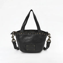 Load image into Gallery viewer, Riva Italian leather mini tote in black with antique brass rivets and embossed brand plate
