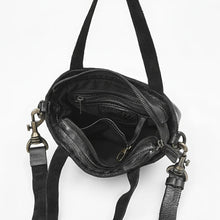 Load image into Gallery viewer, Inside the Riva black leather mini tote showing zip top, zip pocket, slip pocket and key clip
