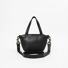 Load image into Gallery viewer, Back of the Riva black Italian leather mini tote with detachable crossbody strap
