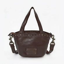 Load image into Gallery viewer, Riva Italian leather mini tote in dark brown with antique brass rivets and embossed brand plate
