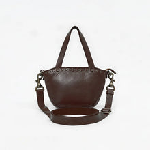Load image into Gallery viewer, Back of the Riva dark brown Italian leather mini tote with detachable crossbody strap
