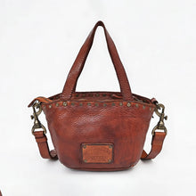 Load image into Gallery viewer, Riva Italian leather mini tote in tan with antique brass rivets and embossed brand plate
