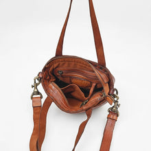 Load image into Gallery viewer, Inside the Riva tan leather mini tote showing zip top, zip pocket, slip pocket and key clip
