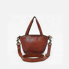 Load image into Gallery viewer, Back of the Riva tan Italian leather mini tote with detachable crossbody strap
