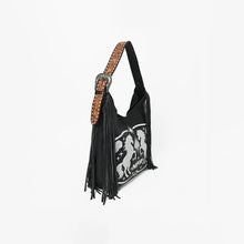 Load image into Gallery viewer, Melby black leather hobo bag with white embroidered rearing stallions and black fringe
