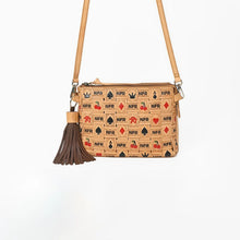 Load image into Gallery viewer, Mcleod hand-tooled leather crossbody bag with casino card motif and dark brown fringe tassel
