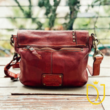 Load image into Gallery viewer, Back of the Washoe Lake Italian leather crossbody purse with exterior zip pocket, leather zipper pull, and embossed leather patch
