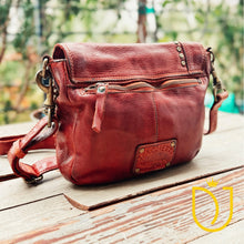 Load image into Gallery viewer, Washoe Lake Italian leather crossbody back and side view with adjustable strap buckle and antique brass hardware

