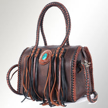 Load image into Gallery viewer, Reata turquoise braided fringe leather barrel satchel in Espresso &amp; Black, angled view with black and cognac braided handles and multicolor fringe
