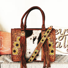 Load image into Gallery viewer, Field of Sunflowers Hand Tooled Leather Tote Bag
