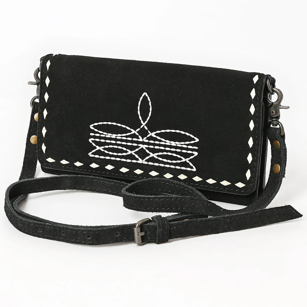 Victoria Suede Leather Boot Stitch Crossbody Wallet