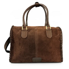 Load image into Gallery viewer, Charmayne brown suede NFR speedy bag with hand-braided edging and 40 years Las Vegas charm
