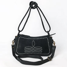 Load image into Gallery viewer, Emilie black suede boot stitch crossbody purse, front view with white boot stitch embroidery, knotted rolled leather handles and adjustable strap
