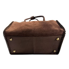 Load image into Gallery viewer, Charmayne brown suede NFR speedy bag with hand-braided edging and 40 years Las Vegas charm
