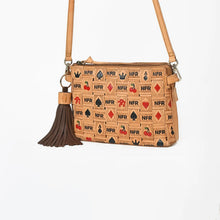 Load image into Gallery viewer, Mcleod hand-tooled leather crossbody bag with casino card motif and dark brown fringe tassel
