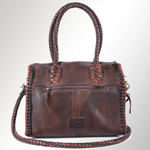 Load image into Gallery viewer, Back view of the Reata leather barrel satchel in Espresso &amp; Black with exterior zip pocket and two-tone braided trim
